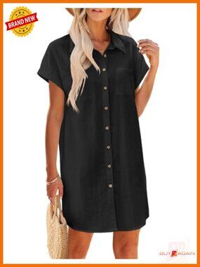 Cotton Button Down Short Sleeve Tshirt Dress Mini Beach Dress Casual